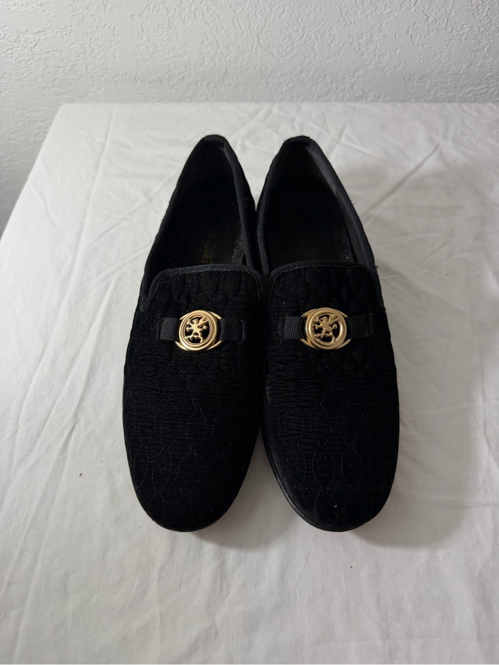 Stacy Adams Black Velvet Loafers with Gold Emblem